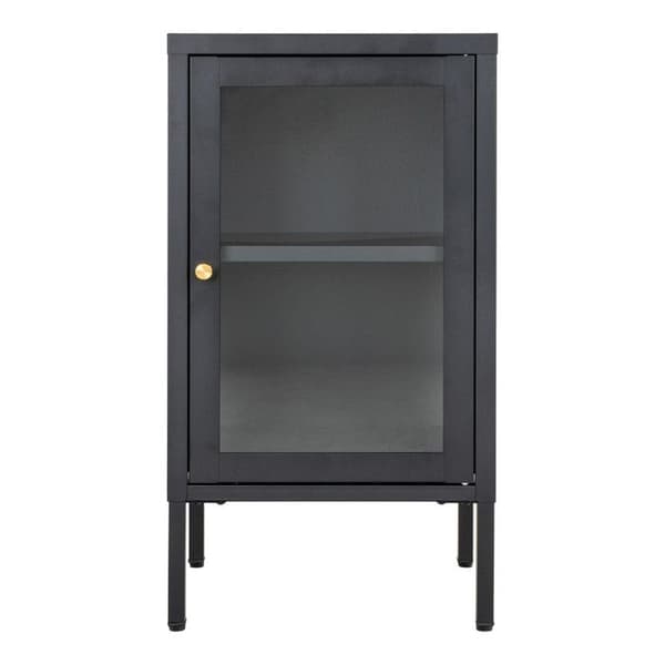 Liten skänk 1 lucka 38x35x70 cm i glas och svart metall