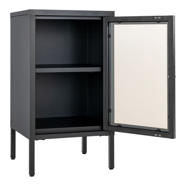 Liten skänk 1 lucka 38x35x70 cm i glas och svart metall