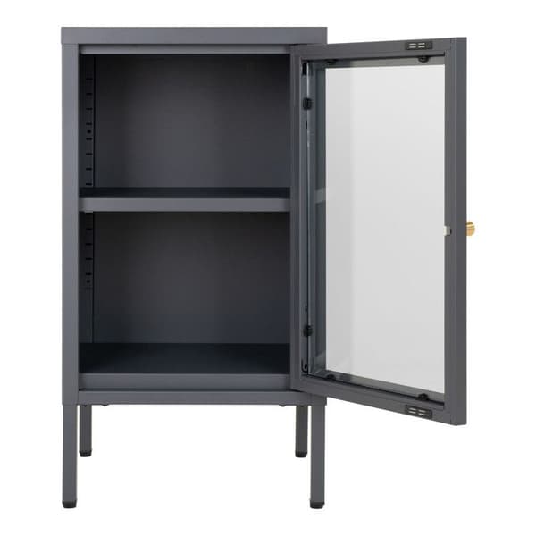 Liten 1-dörrars skänk 38x35x70 cm i glas och grå metall