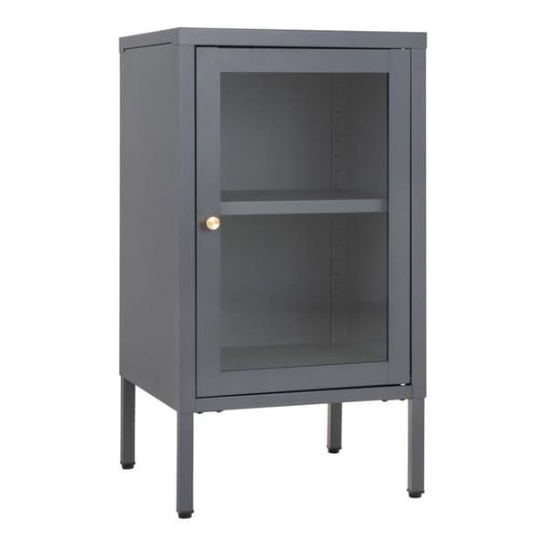 Liten 1-dörrars skänk 38x35x70 cm i glas och grå metall