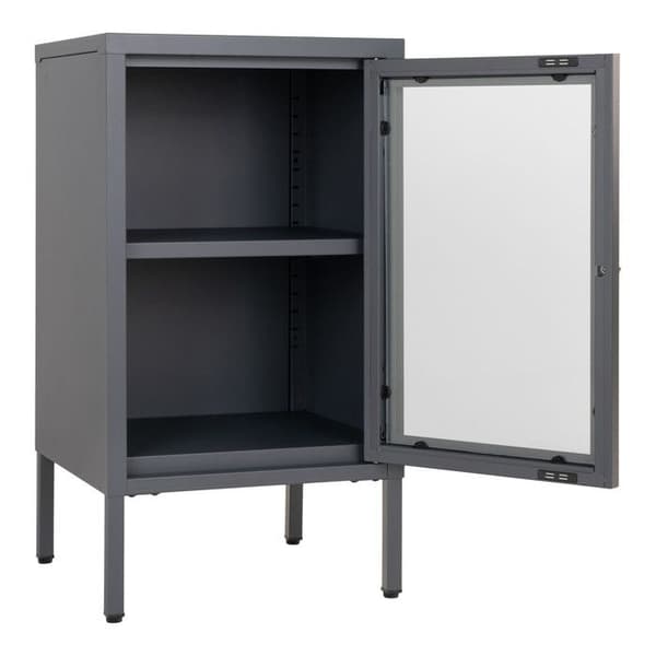 Liten 1-dörrars skänk 38x35x70 cm i glas och grå metall