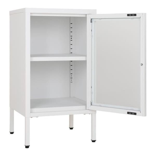 Liten 1-dörrars skänk 38x35x70 cm i glas och vit metall
