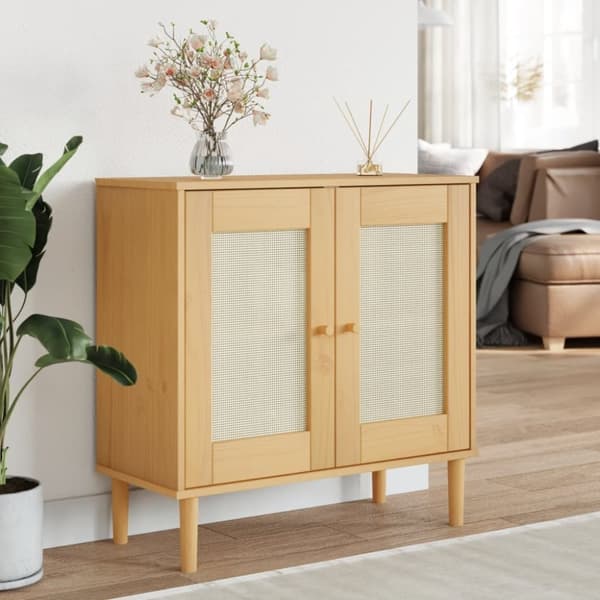 vidaXL skænk SENJA 80x35x80 cm rattan-look massivt fyrretræ brun