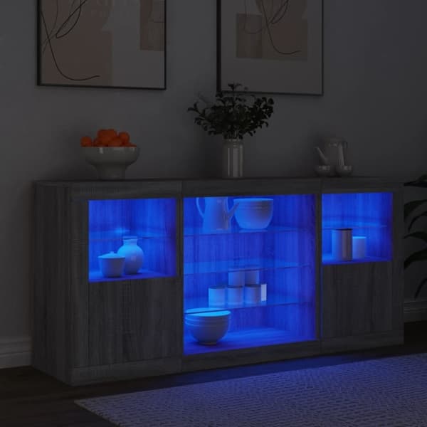 vidaXL Skjenk med LED-lys grå sonoma 142,5x37x67 cm