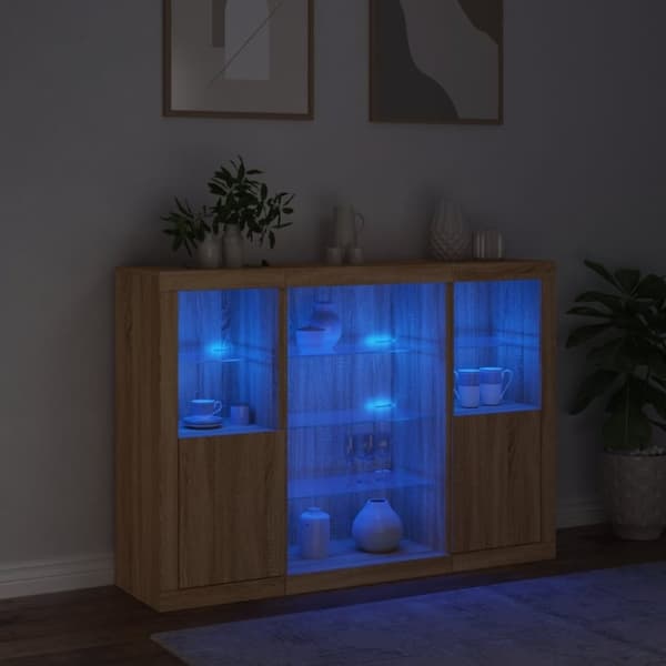 vidaXL Skänkar med LED-belysning 3 st sonoma-ek konstruerat trä