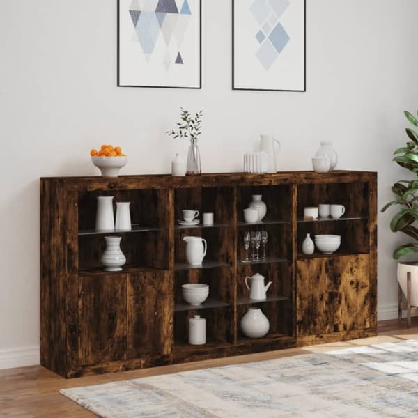 vidaXL Skänk med LED-belysning rökfärgad ek 202x37x100 cm
