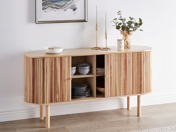 Skjenk i lyst tre MDF Paulownia Wood Front 2 dører sponplate furu ben med 2 hyller Moderne oppbevaringsløsning for soverommet