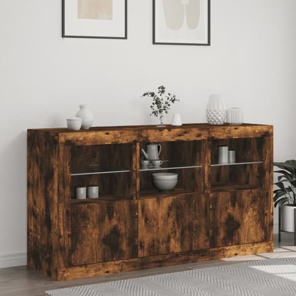 vidaXL Skänk med LED-belysning rökfärgad ek 123x37x67 cm
