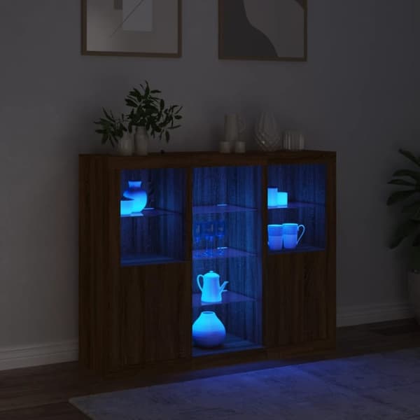 vidaXL Skjenker med LED-lys 3 stk brun eik konstruert tre