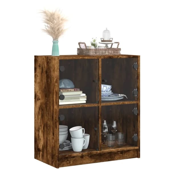 vidaXL Sidoskåp med glasdörrar rökfärgad ek 68x37x75,5 cm