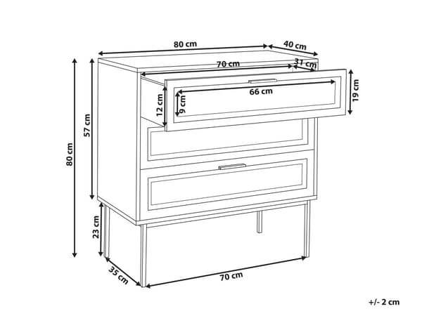 Rotting 3 lådor Kommod Ljus Tillverkad Trä med Rotting Front Lådor Sideboard Framsida Svart Ram Metallben Boho Stil Vardagsrum
