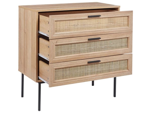 Rotting 3 lådor Kommod Ljus Tillverkad Trä med Rotting Front Lådor Sideboard Framsida Svart Ram Metallben Boho Stil Vardagsrum