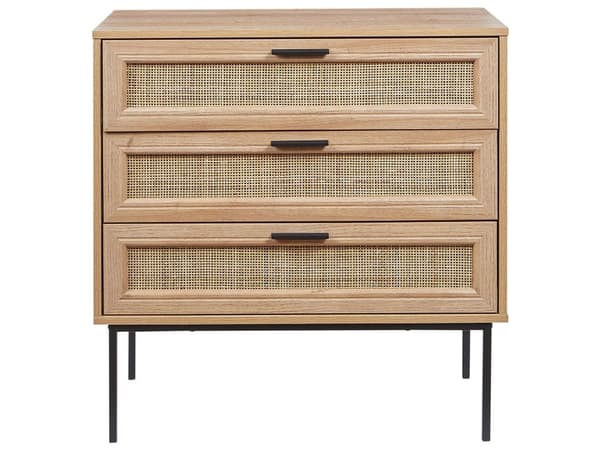 Rotting 3 lådor Kommod Ljus Tillverkad Trä med Rotting Front Lådor Sideboard Framsida Svart Ram Metallben Boho Stil Vardagsrum