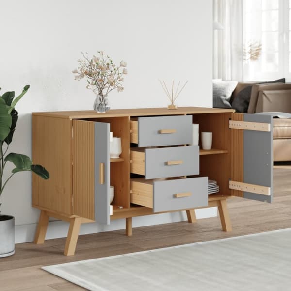 vidaXL skænk OLDEN 114x43x73,5 cm massivt fyrretræ grå og brun
