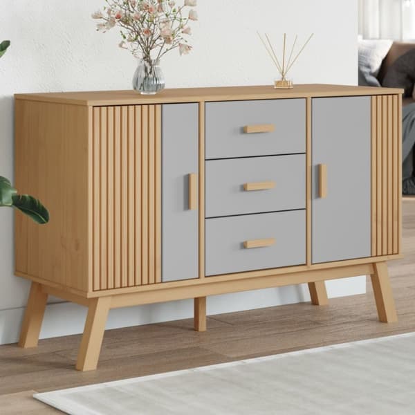 vidaXL skænk OLDEN 114x43x73,5 cm massivt fyrretræ grå og brun