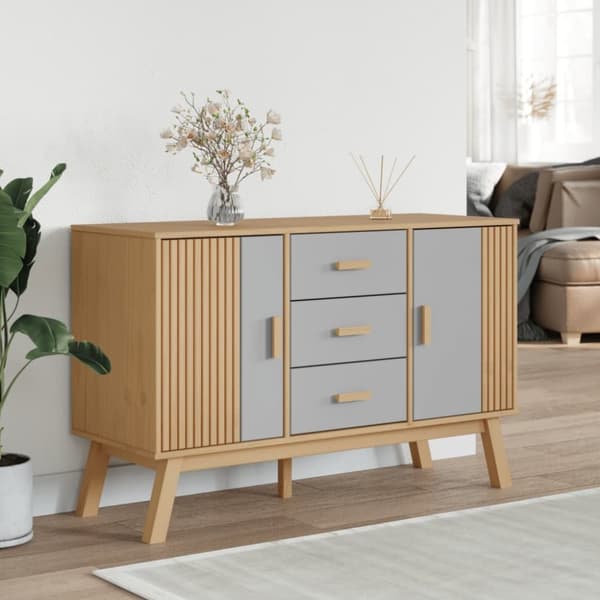vidaXL skænk OLDEN 114x43x73,5 cm massivt fyrretræ grå og brun
