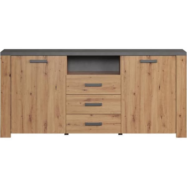 FÖLJ skänk - Hantverkare ek och skiffergrå melamin - 2 dörrar + 3 lådor - L180 x D40 x H83 cm - TRENDTEAM