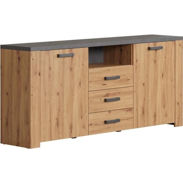FÖLJ skänk - Hantverkare ek och skiffergrå melamin - 2 dörrar + 3 lådor - L180 x D40 x H83 cm - TRENDTEAM