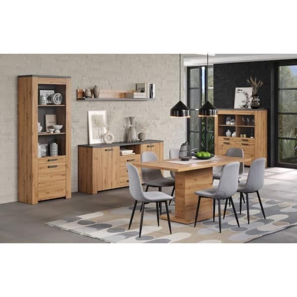 FÖLJ skänk - Hantverkare ek och skiffergrå melamin - 2 dörrar + 3 lådor - L180 x D40 x H83 cm - TRENDTEAM
