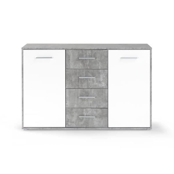 PILVI låg skänk - 2 luckor och 4 lådor - Vit och lätt betong - L 122,6 x D 34,2 x H 81,1 cm