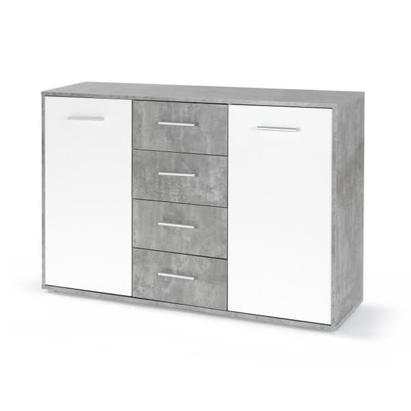 PILVI låg skänk - 2 luckor och 4 lådor - Vit och lätt betong - L 122,6 x D 34,2 x H 81,1 cm