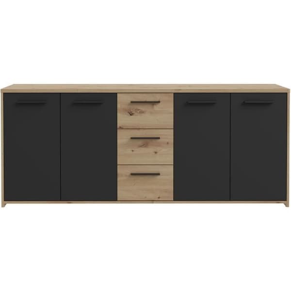 PILVI skänk - Modern stil - Melaminpartiklar - Artisan ek och svart dekor - 4 dörrar + 3 lådor - L179,2 x D42 x H74,5