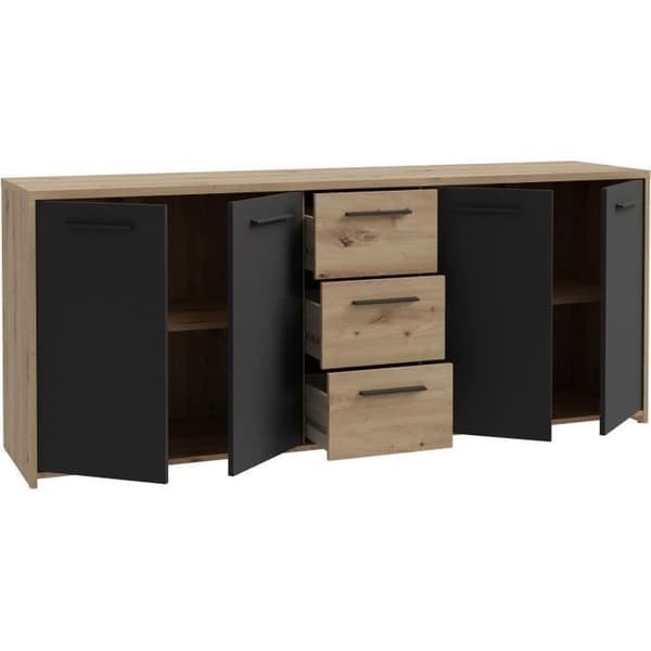 PILVI skänk - Modern stil - Melaminpartiklar - Artisan ek och svart dekor - 4 dörrar + 3 lådor - L179,2 x D42 x H74,5