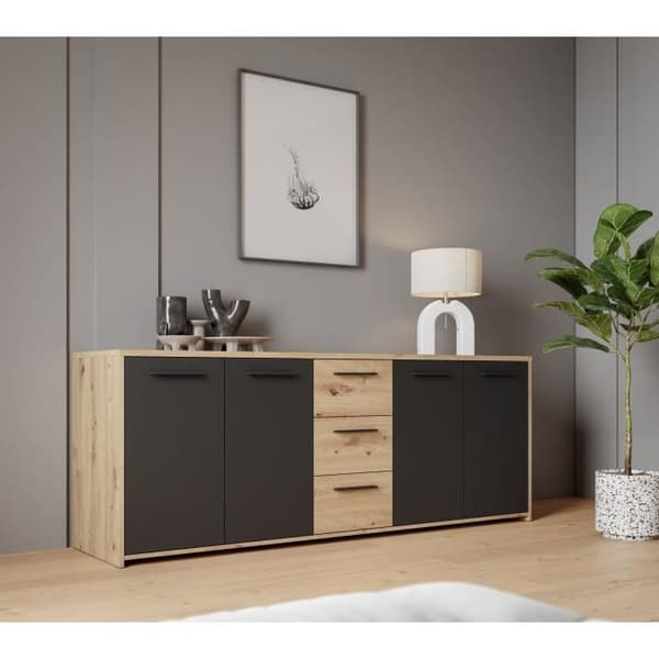 PILVI skänk - Modern stil - Melaminpartiklar - Artisan ek och svart dekor - 4 dörrar + 3 lådor - L179,2 x D42 x H74,5