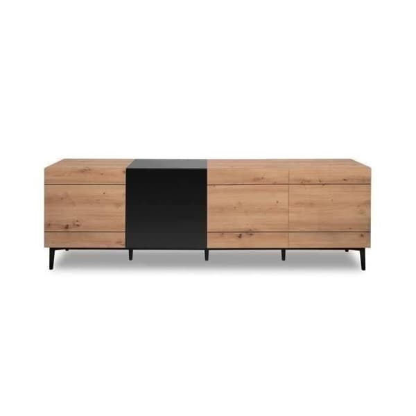 NOLA låg skänk / TV-enhet - Ek och svart dekor - 4 dörrar - L 200 x D 42 x H 65 cm