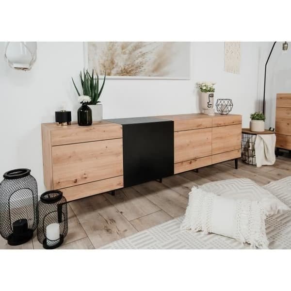 NOLA låg skänk / TV-enhet - Ek och svart dekor - 4 dörrar - L 200 x D 42 x H 65 cm