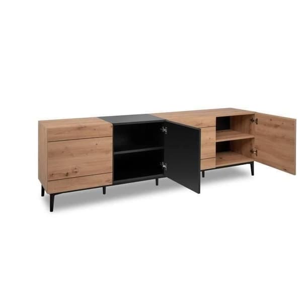 NOLA låg skänk / TV-enhet - Ek och svart dekor - 4 dörrar - L 200 x D 42 x H 65 cm