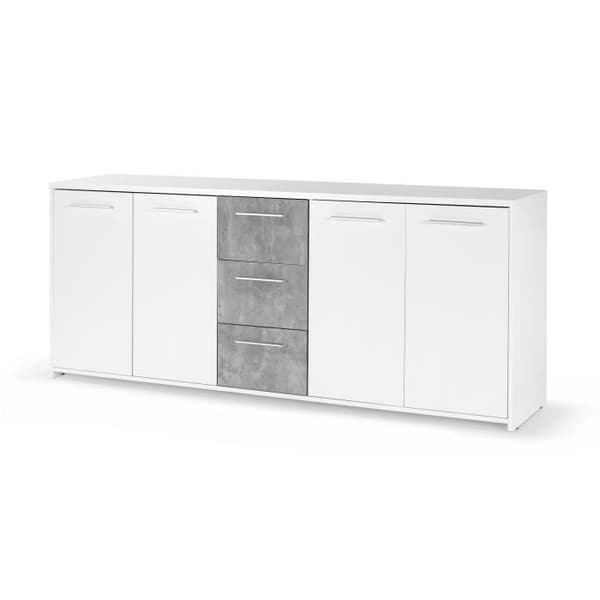 Låg skänk - Spånskiva - Vit och betonggrå dekor - 4 luckor + 3 lådor - L 179 x D 42 x H 74,5 cm