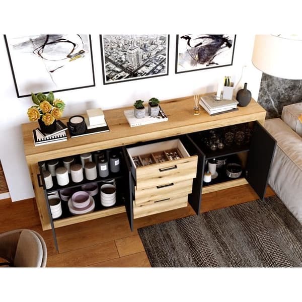 INDUS skänk Ek och svart melamin - 4 luckor + 3 lådor - Industriell stil - L 206 x D 45 x H 83,5 cm STEN