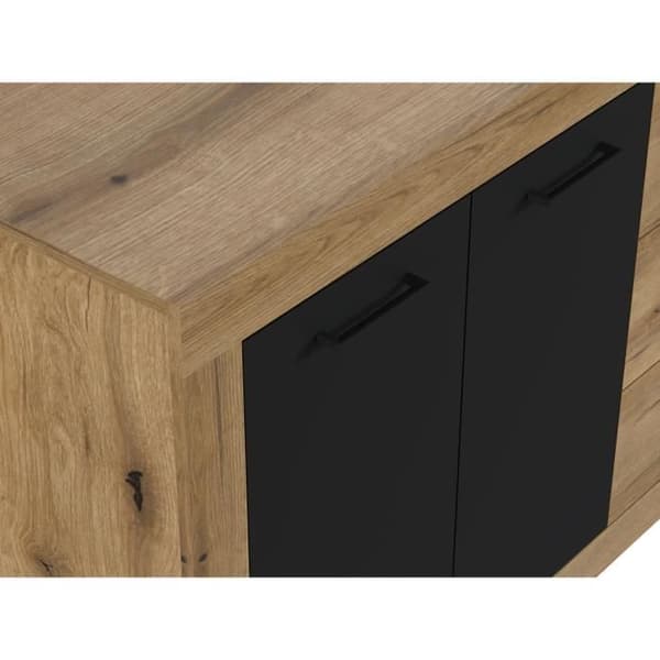 INDUS skänk Ek och svart melamin - 4 luckor + 3 lådor - Industriell stil - L 206 x D 45 x H 83,5 cm STEN