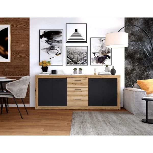 INDUS skänk Ek och svart melamin - 4 luckor + 3 lådor - Industriell stil - L 206 x D 45 x H 83,5 cm STEN
