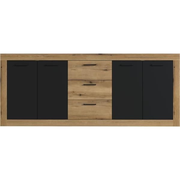 INDUS skänk Ek och svart melamin - 4 luckor + 3 lådor - Industriell stil - L 206 x D 45 x H 83,5 cm STEN