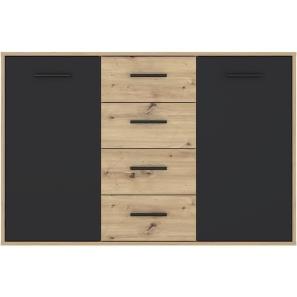 PILVI skänk - Modern stil - Melaminpartiklar - Ek och svart dekor - 2 luckor + 4 lådor - L 122,6 x D 34,2 x H 81,7 cm