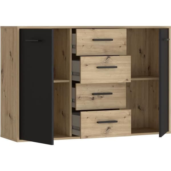 PILVI skänk - Modern stil - Melaminpartiklar - Ek och svart dekor - 2 luckor + 4 lådor - L 122,6 x D 34,2 x H 81,7 cm
