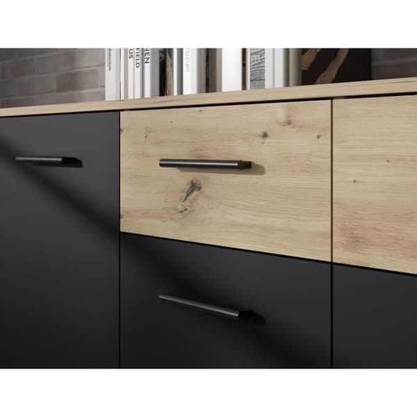 PILVI skänk - Modern stil - Melaminpartiklar - Ek och svart dekor - 2 luckor + 4 lådor - L 122,6 x D 34,2 x H 81,7 cm
