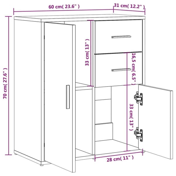 vidaXL Skjenker 2 hvit 60x31x70 cm konstruert tre