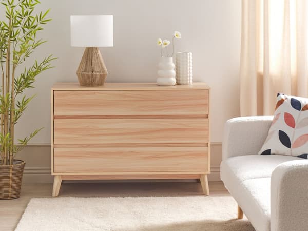 Byrå Ljust trä Spånskiva 3 Lådor Tall Trä Ben Modern Design Sovrum Vardagsrum