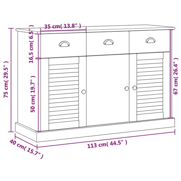 vidaXL Senkki laatikoilla VIGO 113x40x75 cm harmaa täysi mänty - Tarjoilupöydät & senkit