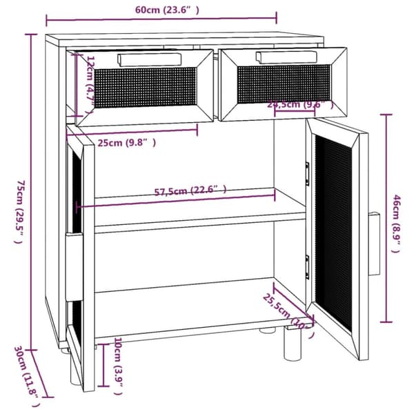 vidaXL Senkki musta 60x30x75 cm täysi mänty ja luonnonrottinki -  Tarjoilupöydät & senkit