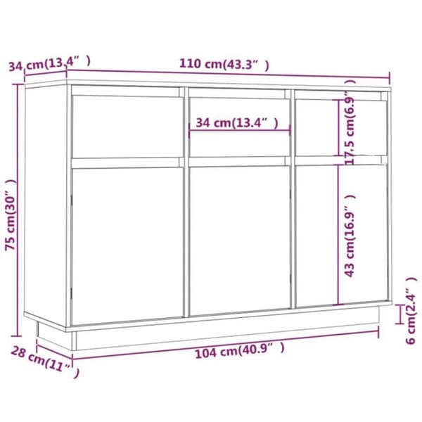vidaXL Skänk vit 110x34x75 cm massiv furu - Skänkar & serveringsbord