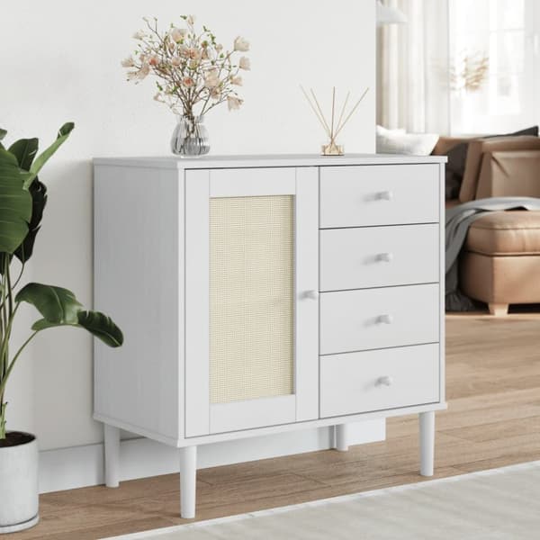vidaXL Senkki SENJA rottinkityyli valkoinen 80x40x80 cm täysi mänty - Tarjoilupöydät & senkit