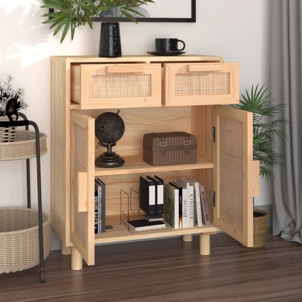The Living Store Senkki ruskea 60x30x75 cm täysi mänty ja luonnonrottinki - Tarjoilupöydät & senkit