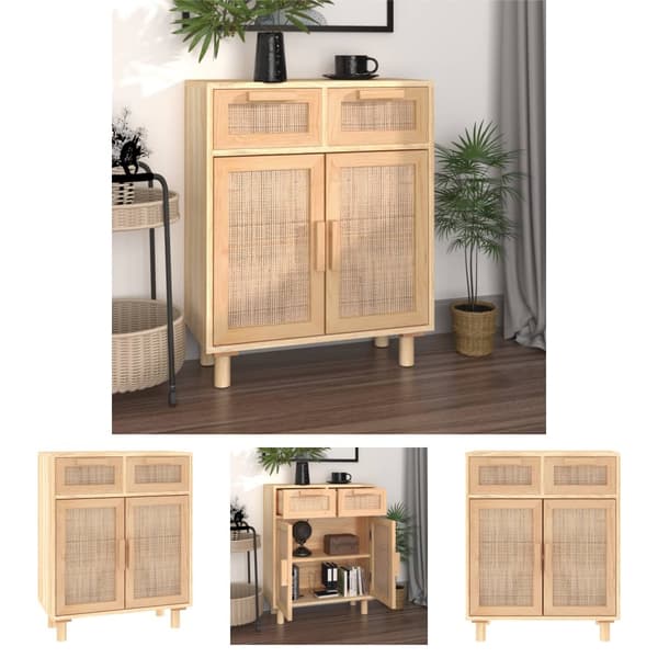 The Living Store Senkki ruskea 60x30x75 cm täysi mänty ja luonnonrottinki - Tarjoilupöydät & senkit