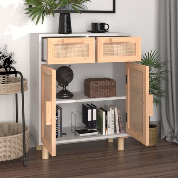 The Living Store skænk 60x30x75 cm massivt fyrretræ og naturlig rattan hvid -  Skænke