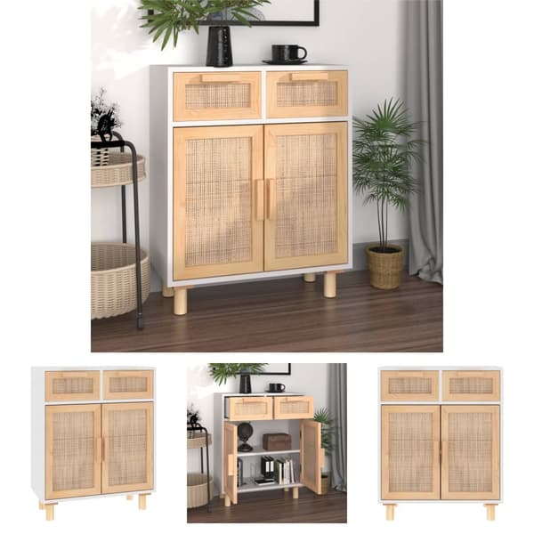 The Living Store skænk 60x30x75 cm massivt fyrretræ og naturlig rattan hvid -  Skænke