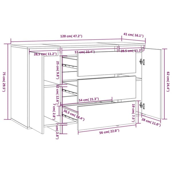 The Living Store Skänk med 3 lådor svart 120x41x75 cm konstruerat trä -  Skänkar & serveringsbord